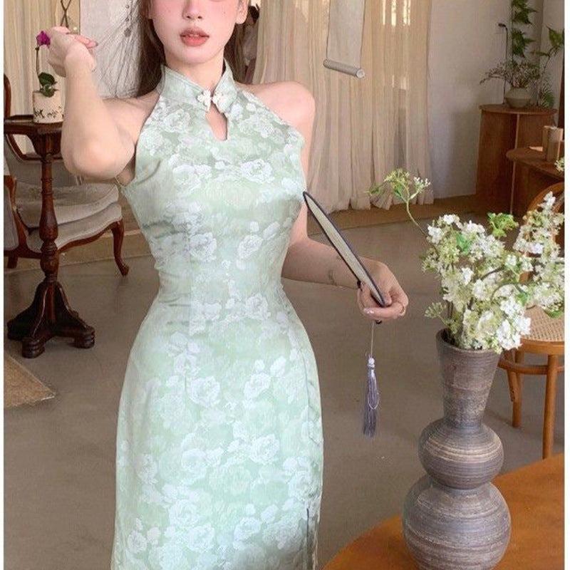 Damen Abendkleid Hochkragen Floralmuster