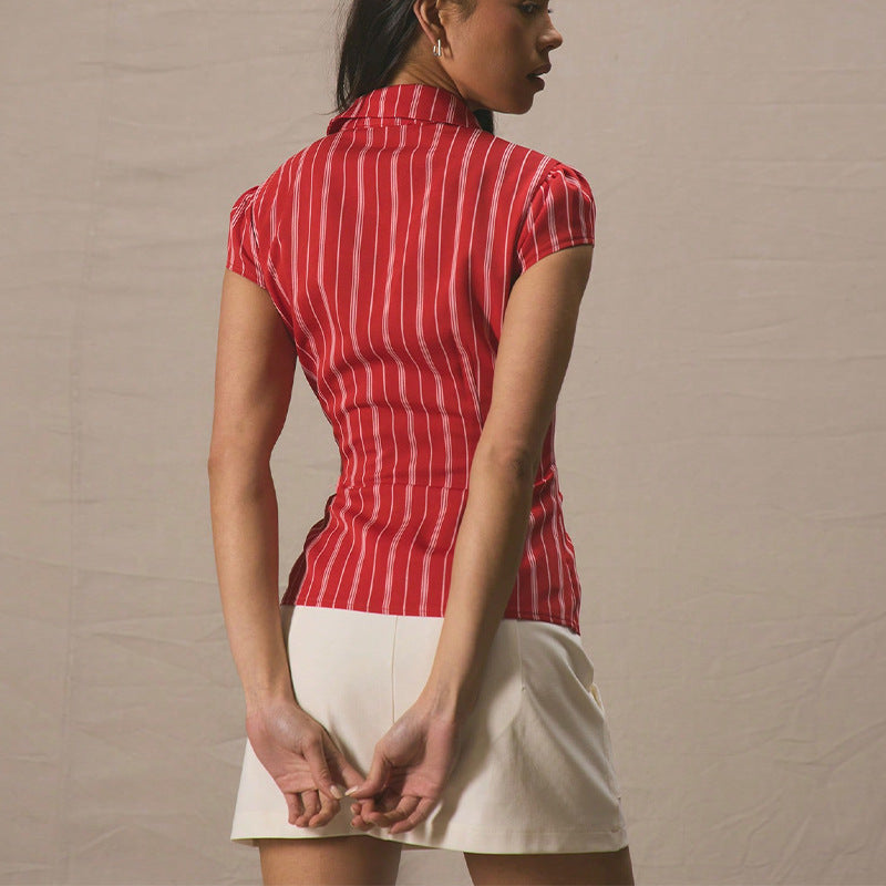 Damen Bluse Kurzarm Streifen Klassisch Weiß