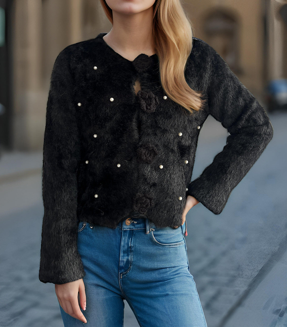 Damen Strickjacke Blumenapplikationen Perlenakzente Norvielle