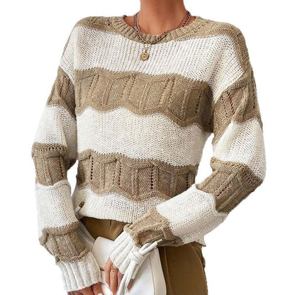 Damen Strickpullover Lässig Wellenmuster Langer Ärmel Beige