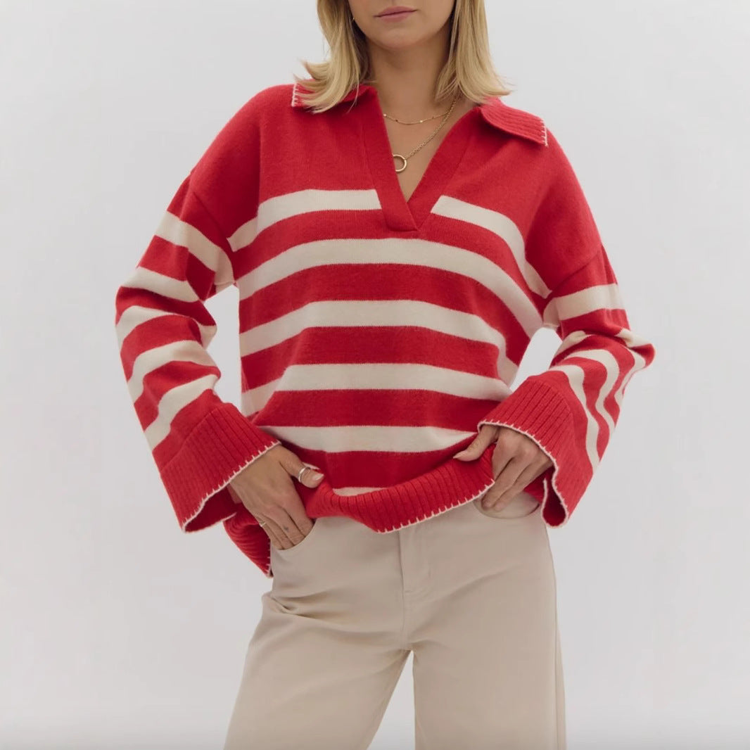 Damen Strickpullover V-Ausschnitt Breites Streifenmuster Norvielle - Norvielle
