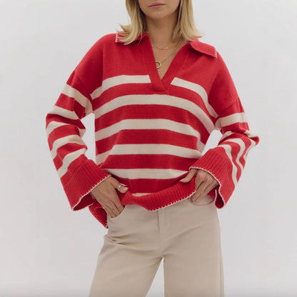 Damen Strickpullover V-Ausschnitt Breites Streifenmuster Norvielle - Norvielle