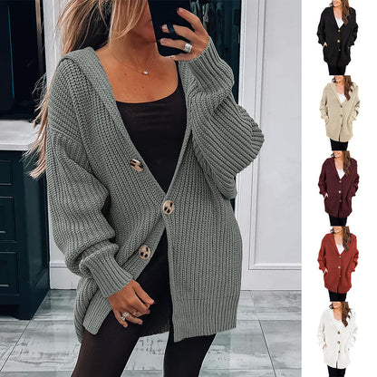 Damen Oversize Strickjacke Weiches Material Holzknöpfe Beige