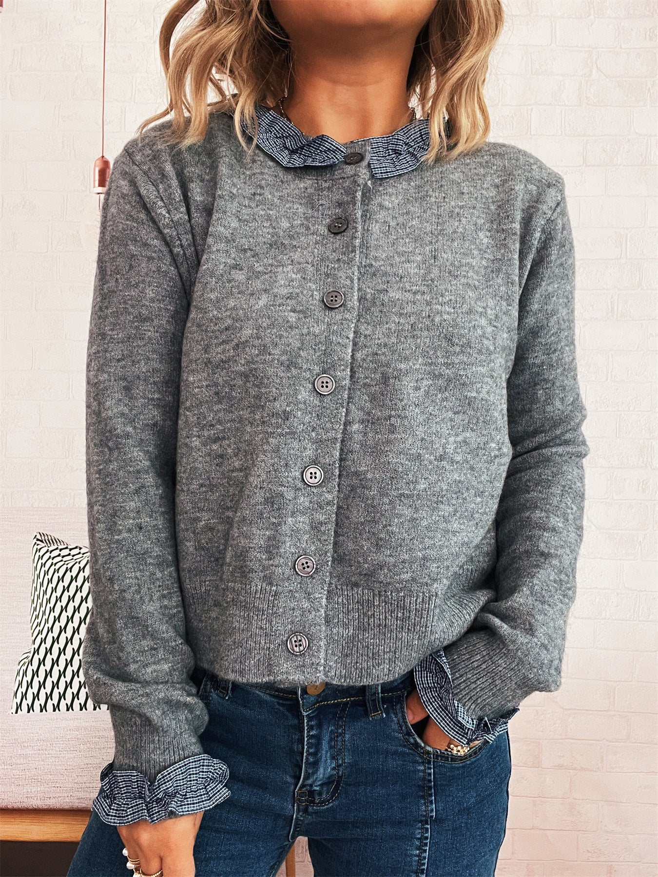 Damen Strickjacke Kontrastkragen Norvielle