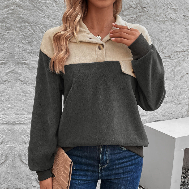 Damen Fleecepullover Knopfverschluss Taschen Norvielle