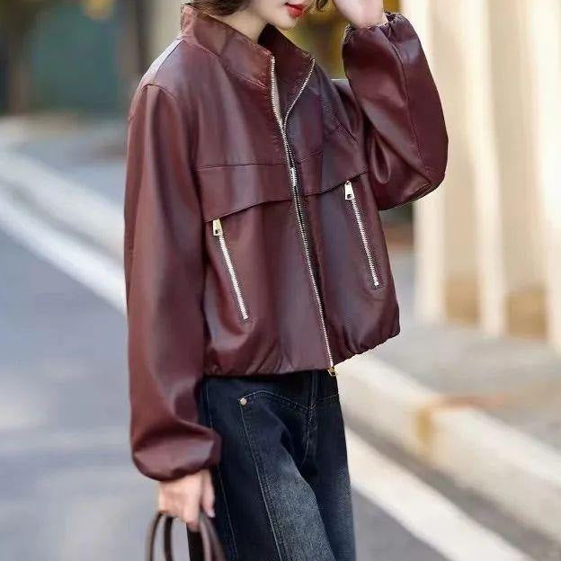 Damen Lederjacke Mit Hochem Kragen