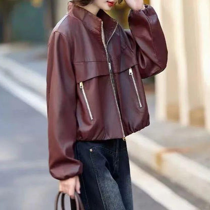 Damen Lederjacke Mit Hochem Kragen