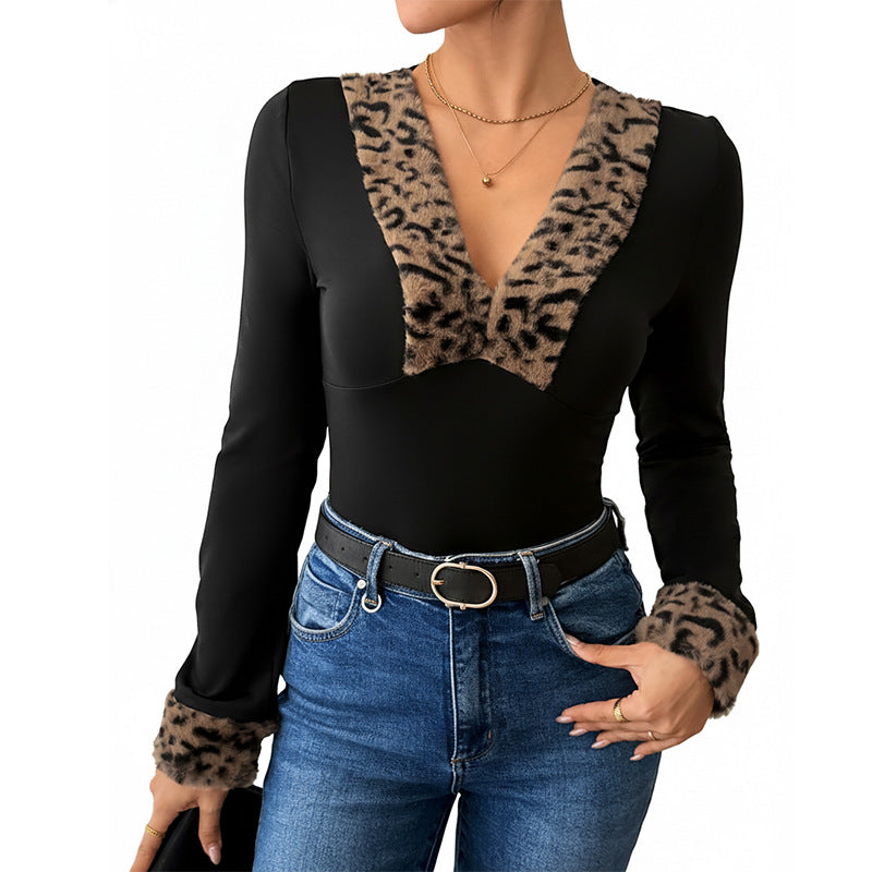 Damen Body V-Ausschnitt Leopardenmuster