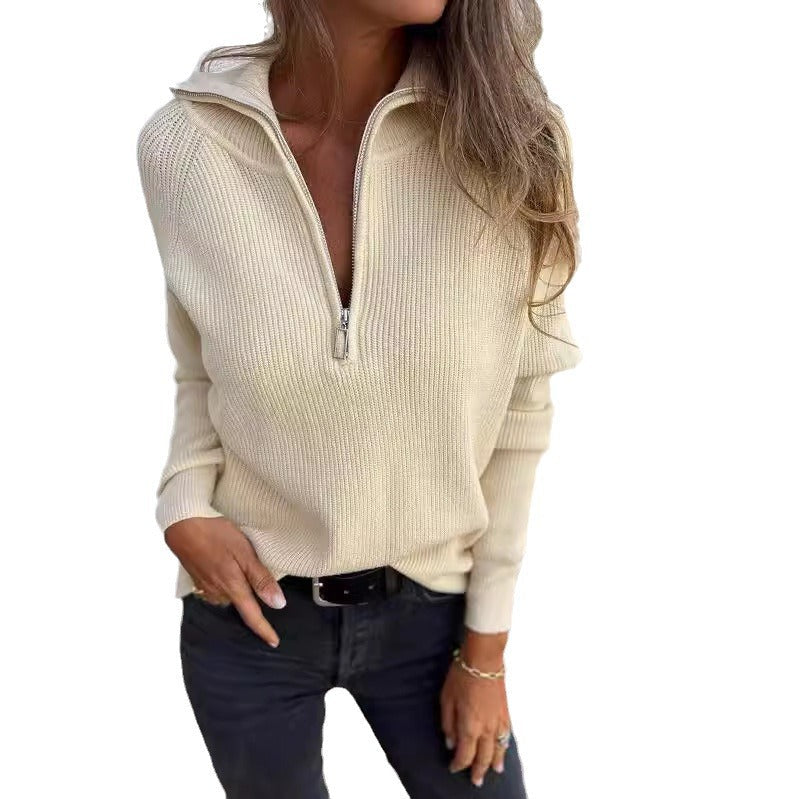 Damen Strickpullover Halb-Reißverschluss Rippstruktur Norvielle