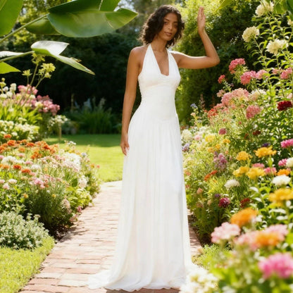 Damen Maxi-Kleid Neckholder Design Fließend Norvielle