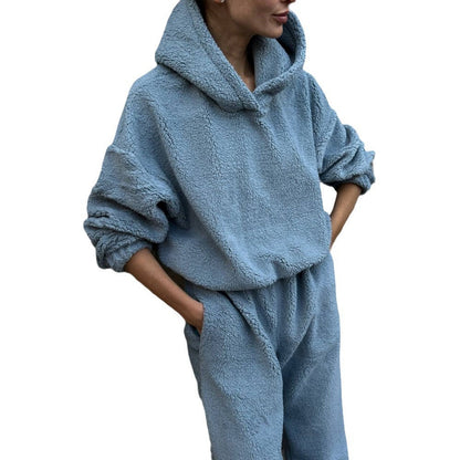 Damen Flauschiger Jumpsuit mit Kapuze und Gummizug