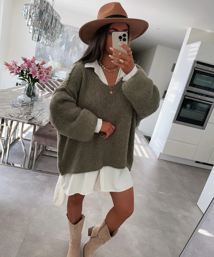 Damen Oversized Pullover Weich Voluminöse Ärmel Beige