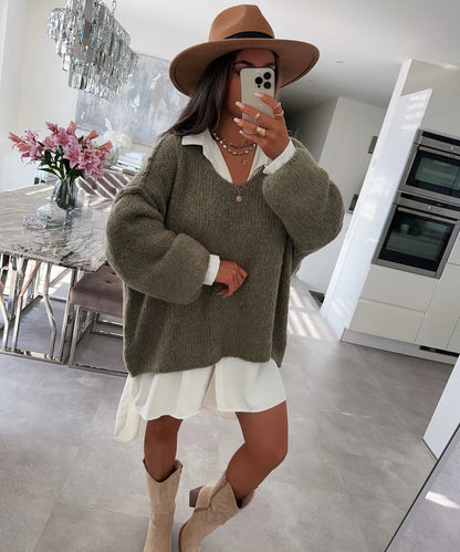 Damen Oversized Pullover Weich Voluminöse Ärmel Beige