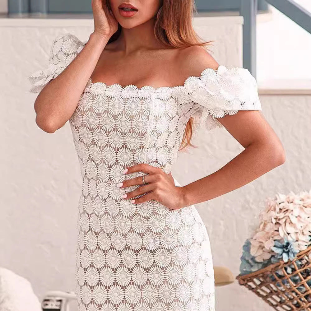 Damen Spitzenkleid Florale Elemente Voluminöse Ärmel Norvielle