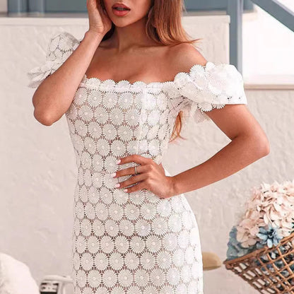 Damen Spitzenkleid Florale Elemente Voluminöse Ärmel Norvielle