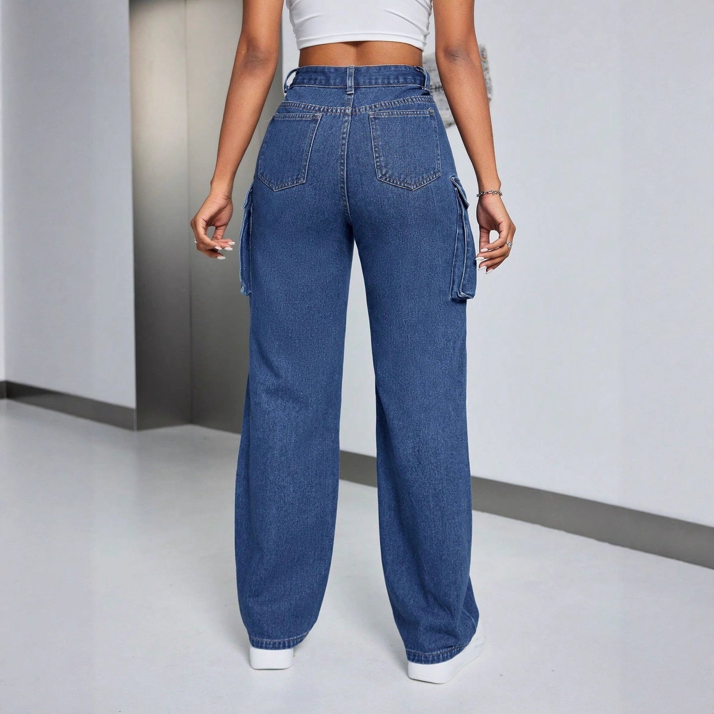 Damen Cargo-Jeans Hochbund Seitentaschen Norvielle