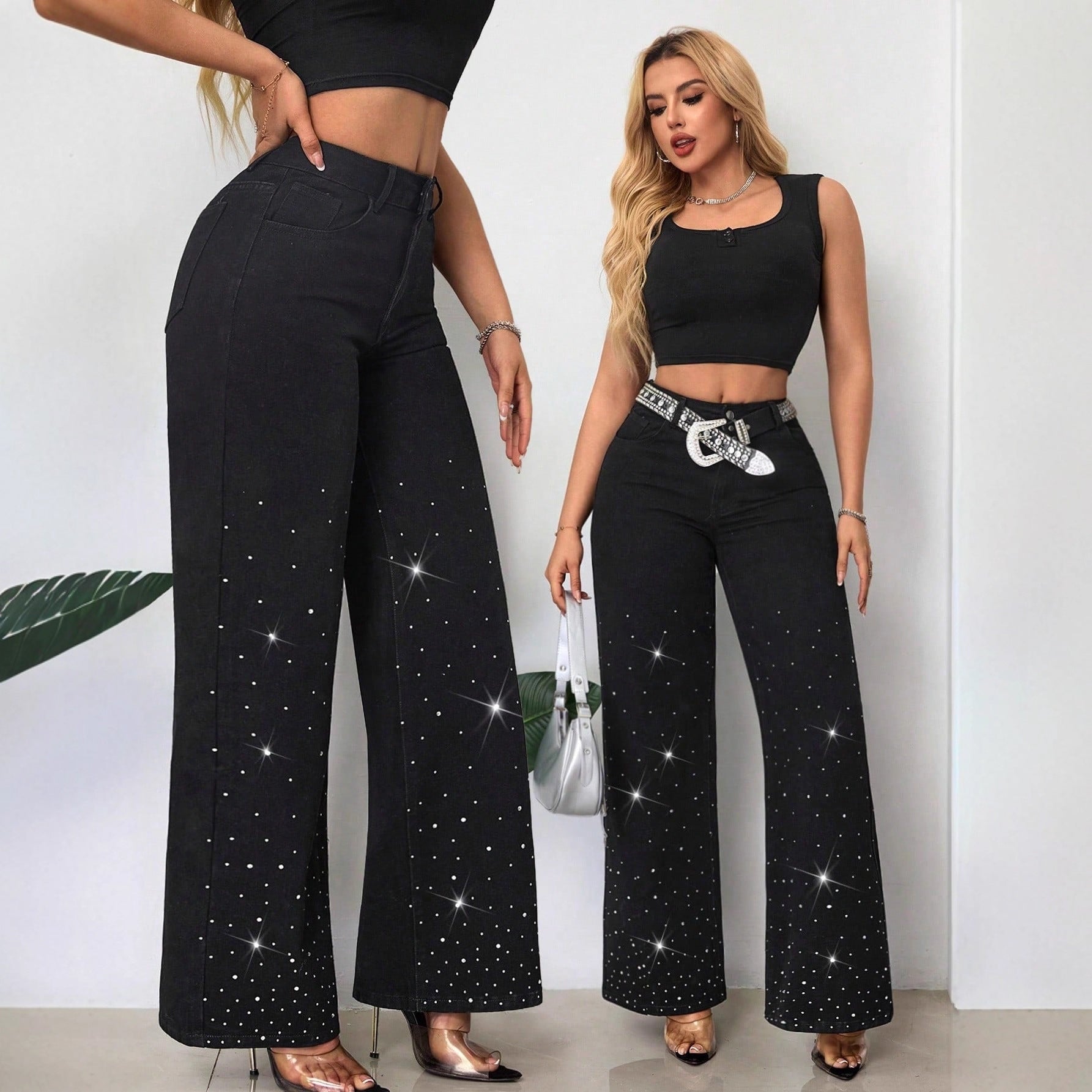Damen High-Waist Jeans Strassbesatz Weit Schnitt - Norvielle