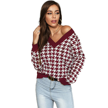 Damen Pullover V-Ausschnitt Hahnentrittmuster Norvielle