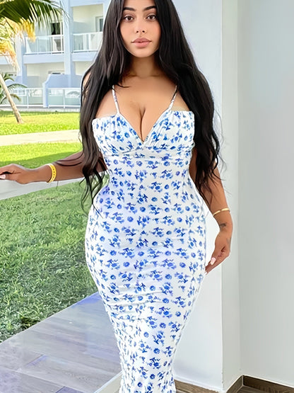 Damen Maxikleid Blumenmuster Figurbetont Spaghetti-Träger