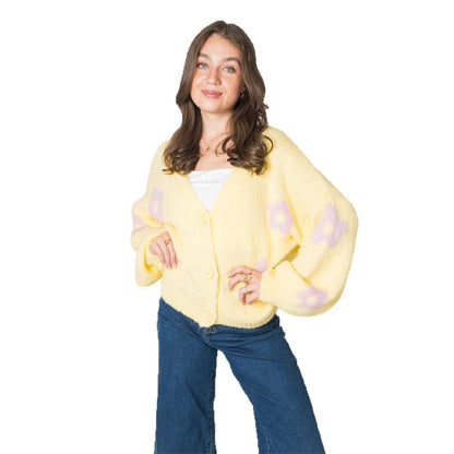 Damen Strickjacke Florales Muster Voluminöse Ärmel
