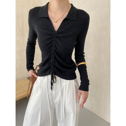 Damen Rippenshirt Figurbetont Schnürdetails Norvielle