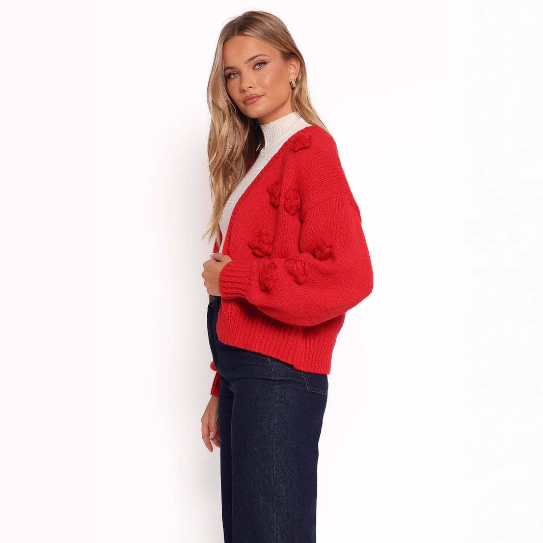 Damen Strickjacke Florales Design Voluminöse Ärmel Norvielle