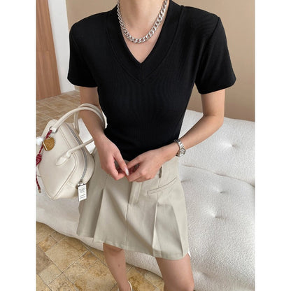 Damen V-Ausschnitt T-Shirt Rippstrick Norvielle