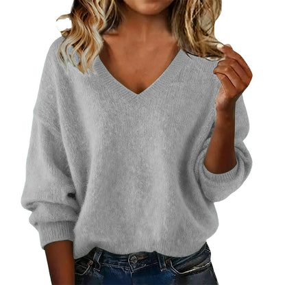 Damen Pullover V-Ausschnitt Weiches Fluff-Material Oversized
