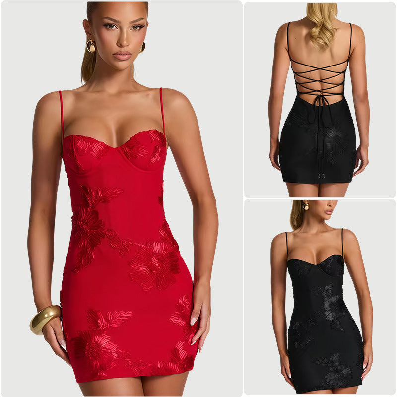Damen Minikleid Bodycon Spitze Trägerlos Floral Schwarz - Norvielle