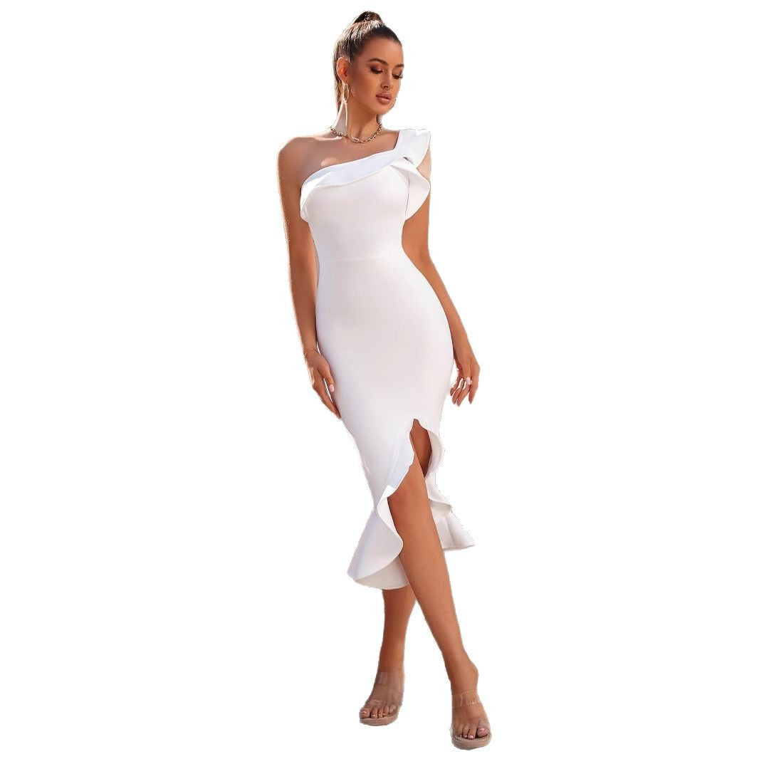 Damen Midi-Kleid Asymmetrischer Volant Schlitz Norvielle