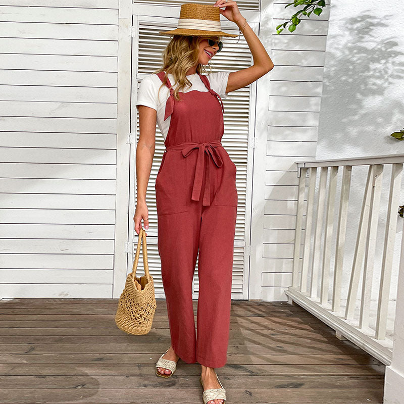 Damen Jumpsuit Tailliert Gürtel Praktische Taschen
