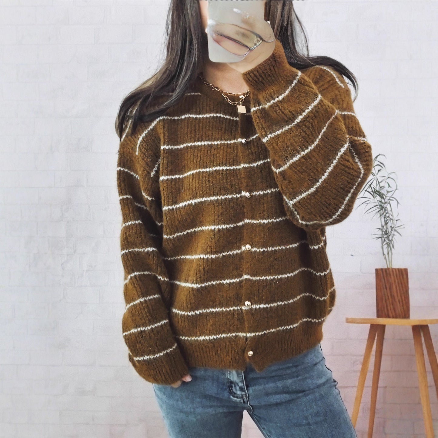Damen Strickcardigan mit Knöpfen Streifenmuster Beige - Norvielle