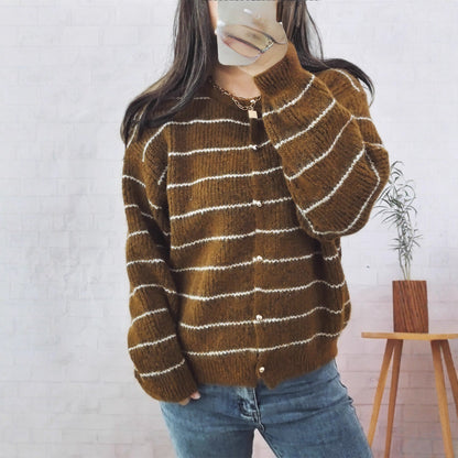 Damen Strickcardigan mit Knöpfen Streifenmuster Beige - Norvielle