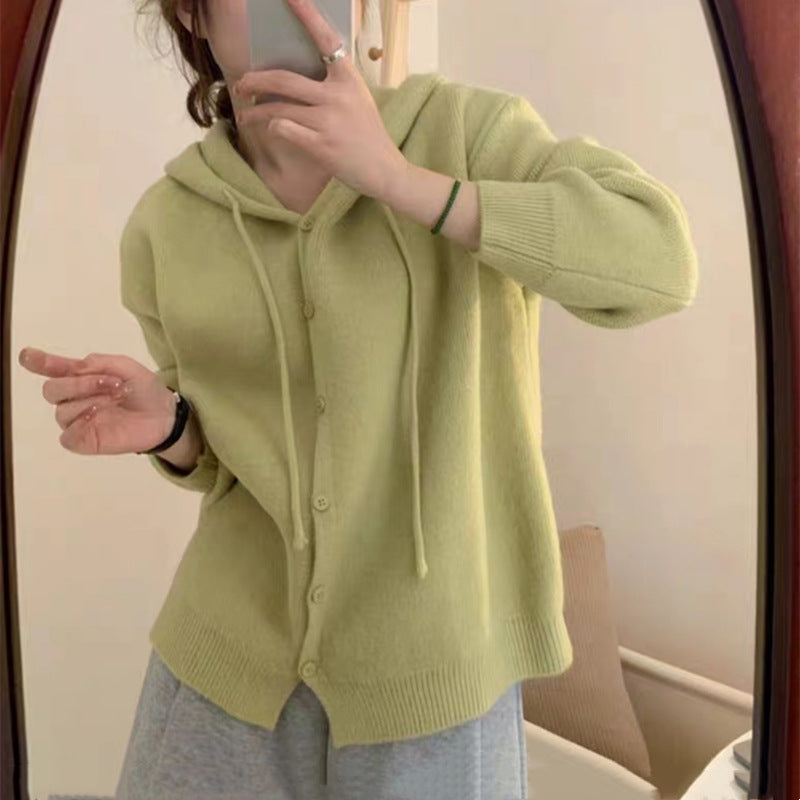Damen Strickjacke mit Kapuze Knopfverschluss Norvielle