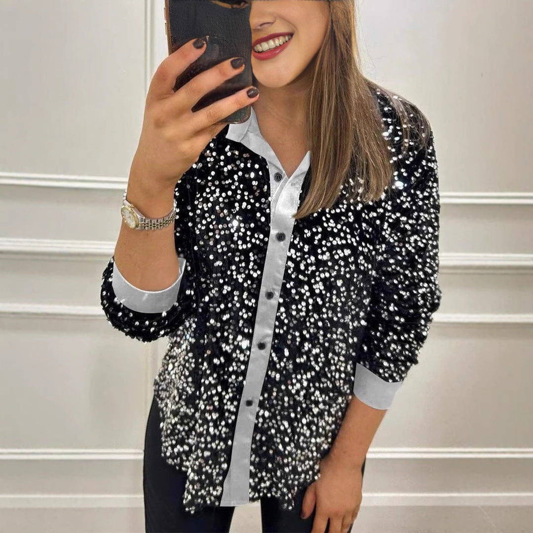 Damen Paillettenbluse Klassischer Kragen Glitzer Effekt - Norvielle