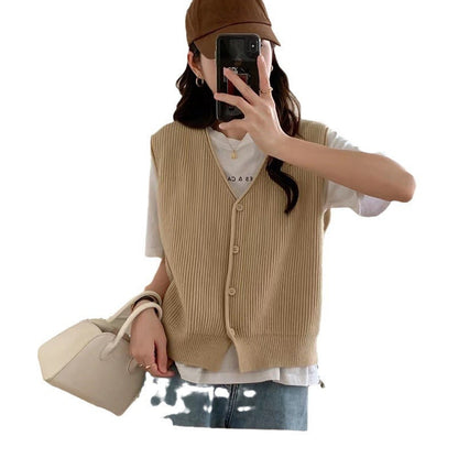 Damen Strickweste Klassisch Rippenstruktur Beige