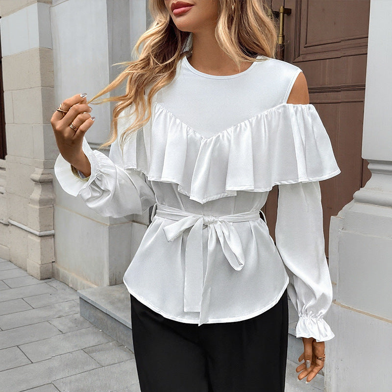 Damen Bluse Rüschendetails Taillenbindegürtel Norvielle