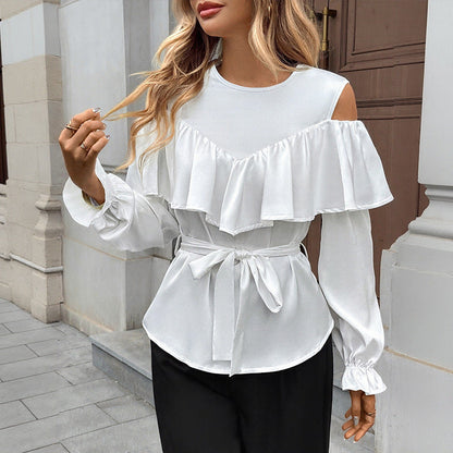 Damen Bluse Rüschendetails Taillenbindegürtel Norvielle