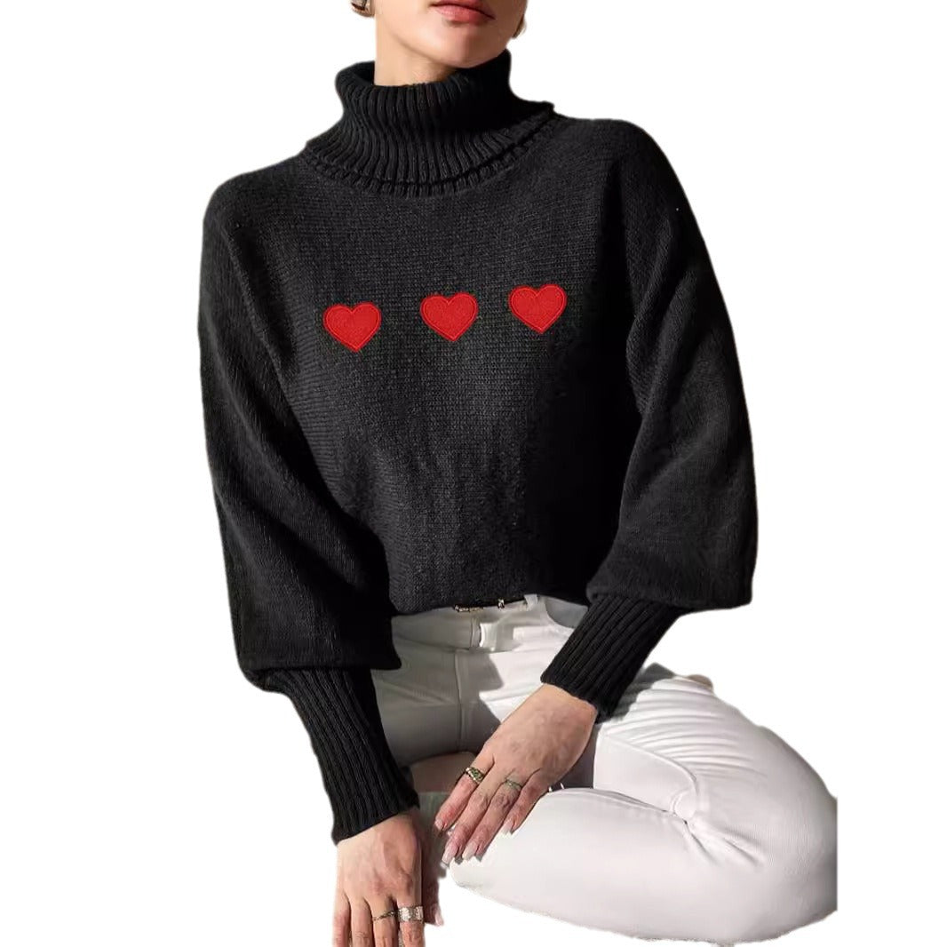 Damen Pullover Hoher Kragen Herzapplikationen Norvielle