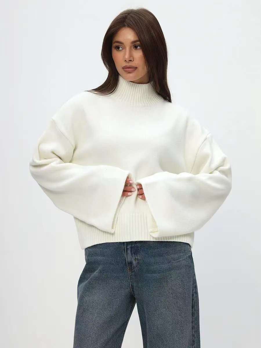 Damen Grobstrickpullover Stehkragen Voluminöse Ärmel Norvielle