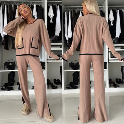 Damen Strick-Loungewear-Set mit Taschen Kontrast-Abschlüsse Beige