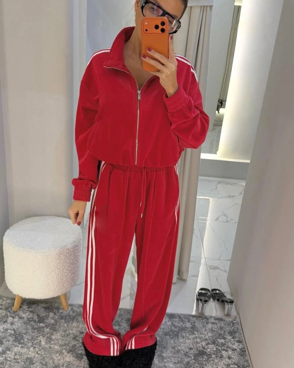 Damen Velours Jogginganzug Hochgeschlossener Kragen Elastischer Bund