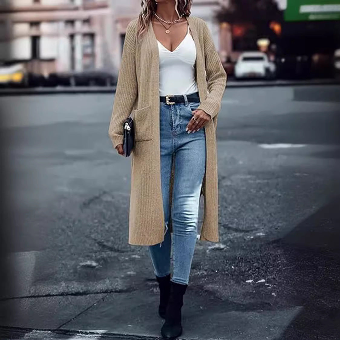 Damen Grobstrick-Cardigan Offene Taschen Lässiger Schnitt Norvielle
