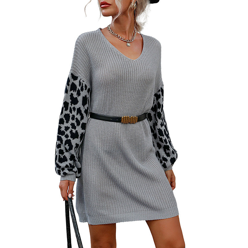 Damen Strickkleid Leopardenmuster V-Ausschnitt Norvielle