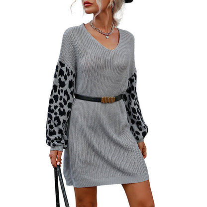 Damen Strickkleid Leopardenmuster V-Ausschnitt Norvielle