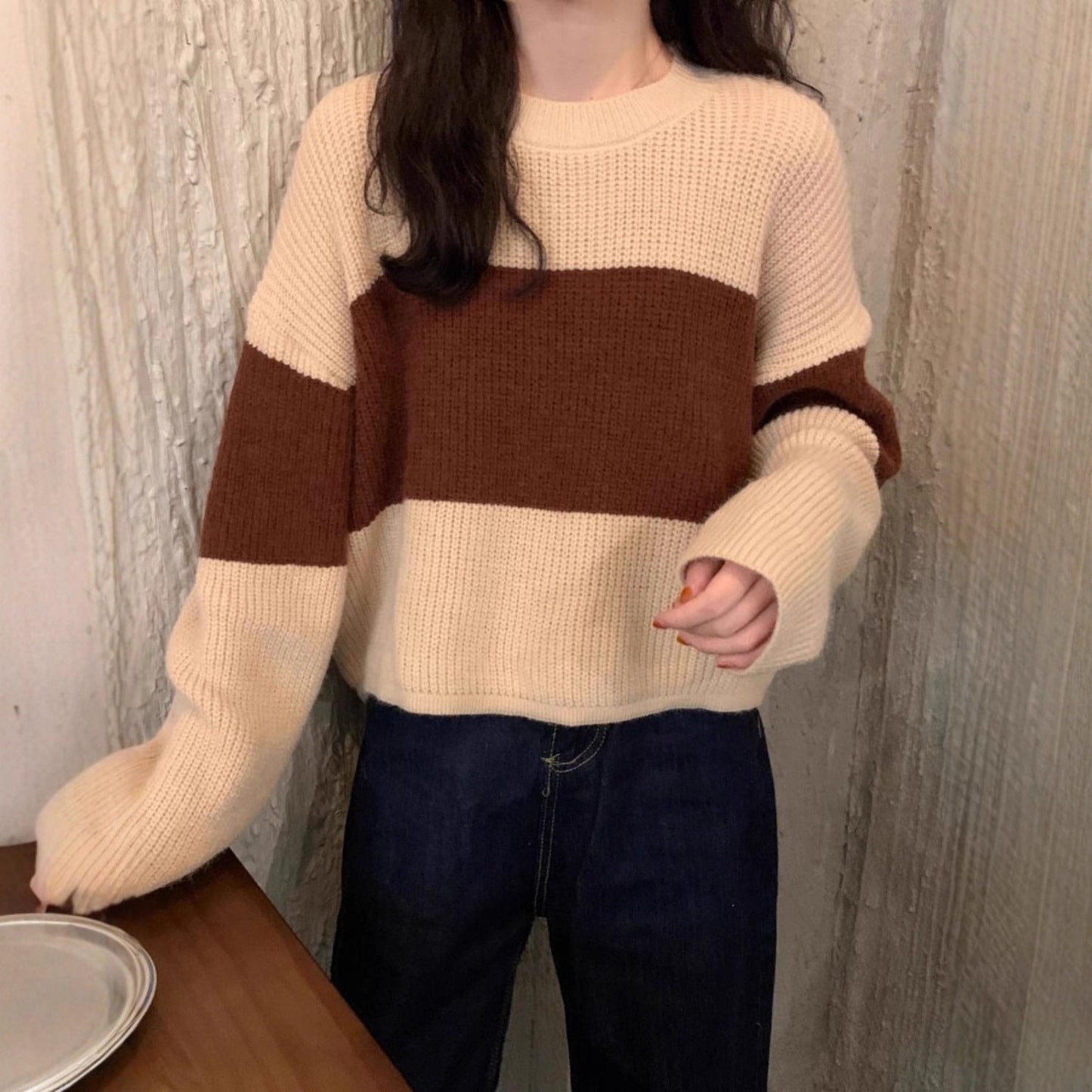 Damen Pullover Grobstrick Farbblockdesign Norvielle