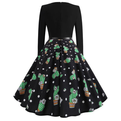 Damen Swingkleid Florales Kaktusdesign Ausgestellter Rock Norvielle