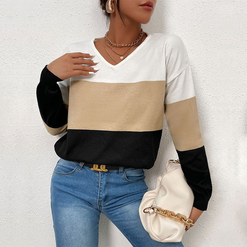 Damen Pullover V-Ausschnitt Farbblock-Design Norvielle