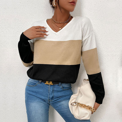 Damen Pullover V-Ausschnitt Farbblock-Design Norvielle