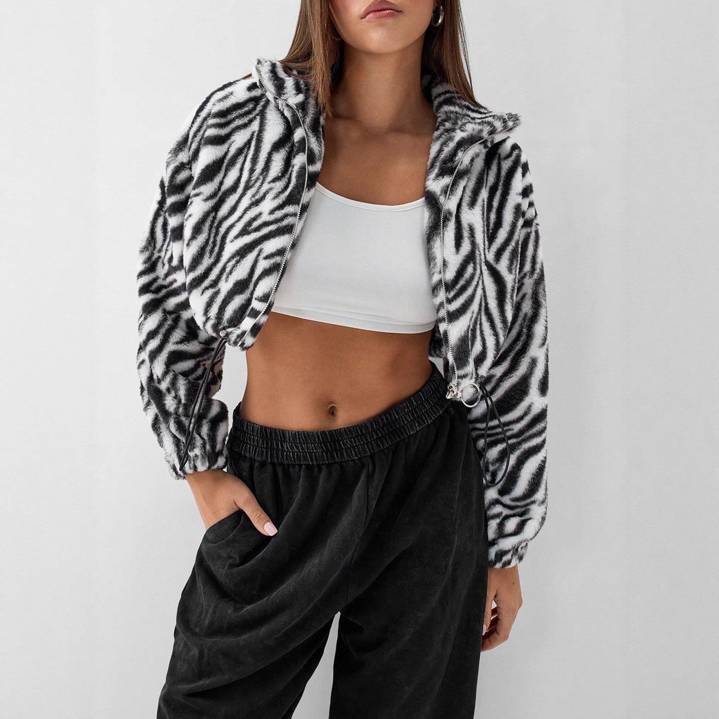 Damen Fleece-Jacke Zebra-Design Elastisch Schwarz - Norvielle